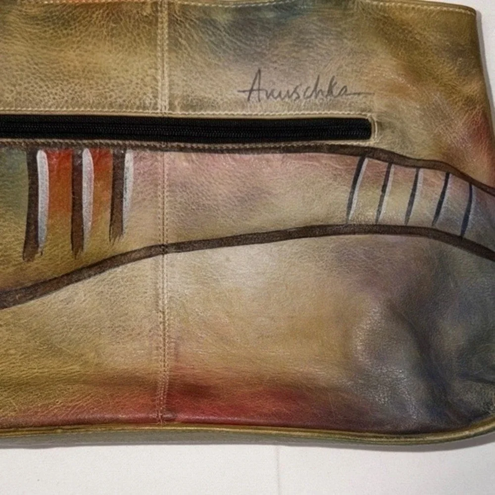 Anuschka Hand Painted Leather Shoulder Bag‎ Abstract Geometric Multicolor Tote